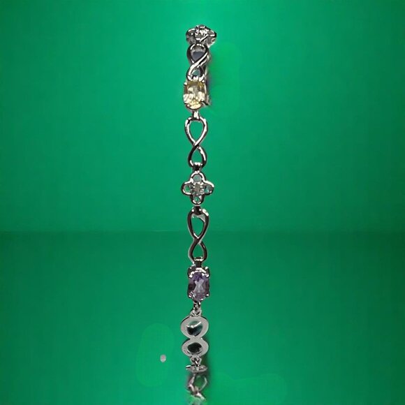 Sterling Silver 925 Bracelet With 3 Multi-Color Gemstones & Infinity Link Design - Picture 6 of 10